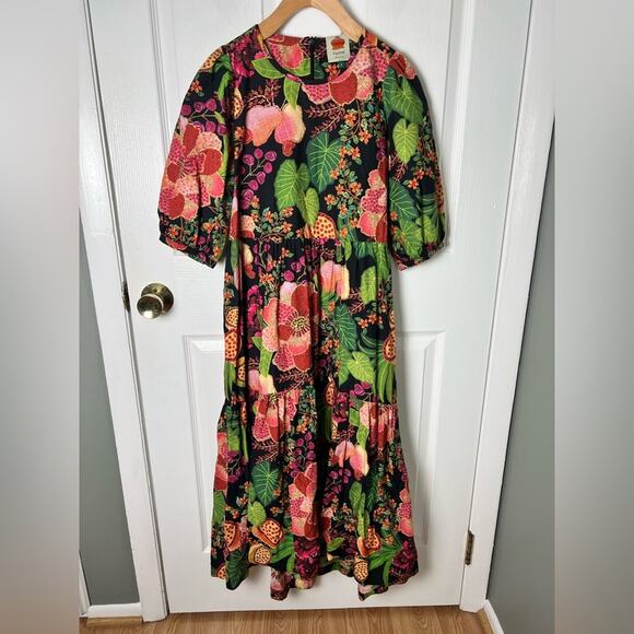 FARM Rio Black Fruit Floral Midi Dress in Multi S - Picture 2 of 8